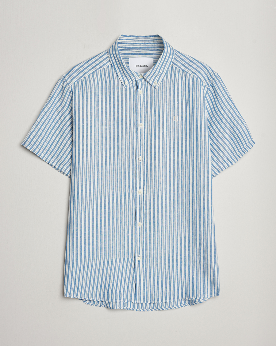 Herr | Skjortor | LES DEUX | Kris Linen Striped Short Sleeve Shirt Blue/Ivory