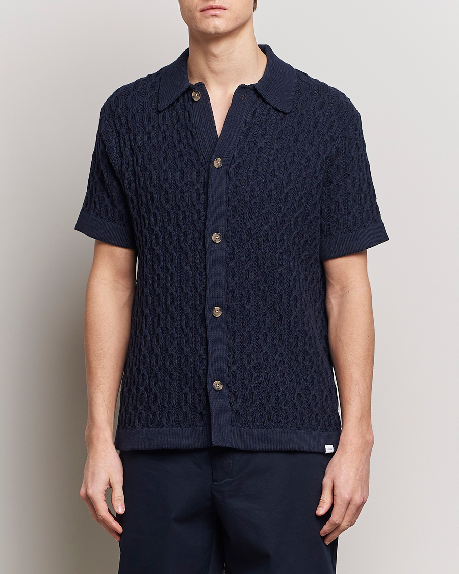 Herr | Kortärmade skjortor | LES DEUX | Garret Knitted Short Sleeve Shirt Dark Navy