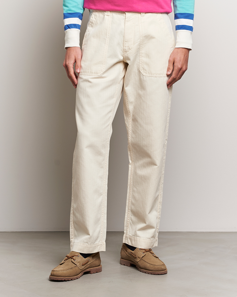 Herr | Byxor | Drake's | Herringbone Fatigue Cotton Trousers Ecru