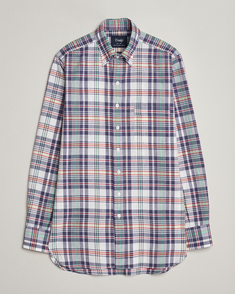 Herr | Skjortor | Drake's | Madras Checked Linen Button Down Shirt Navy