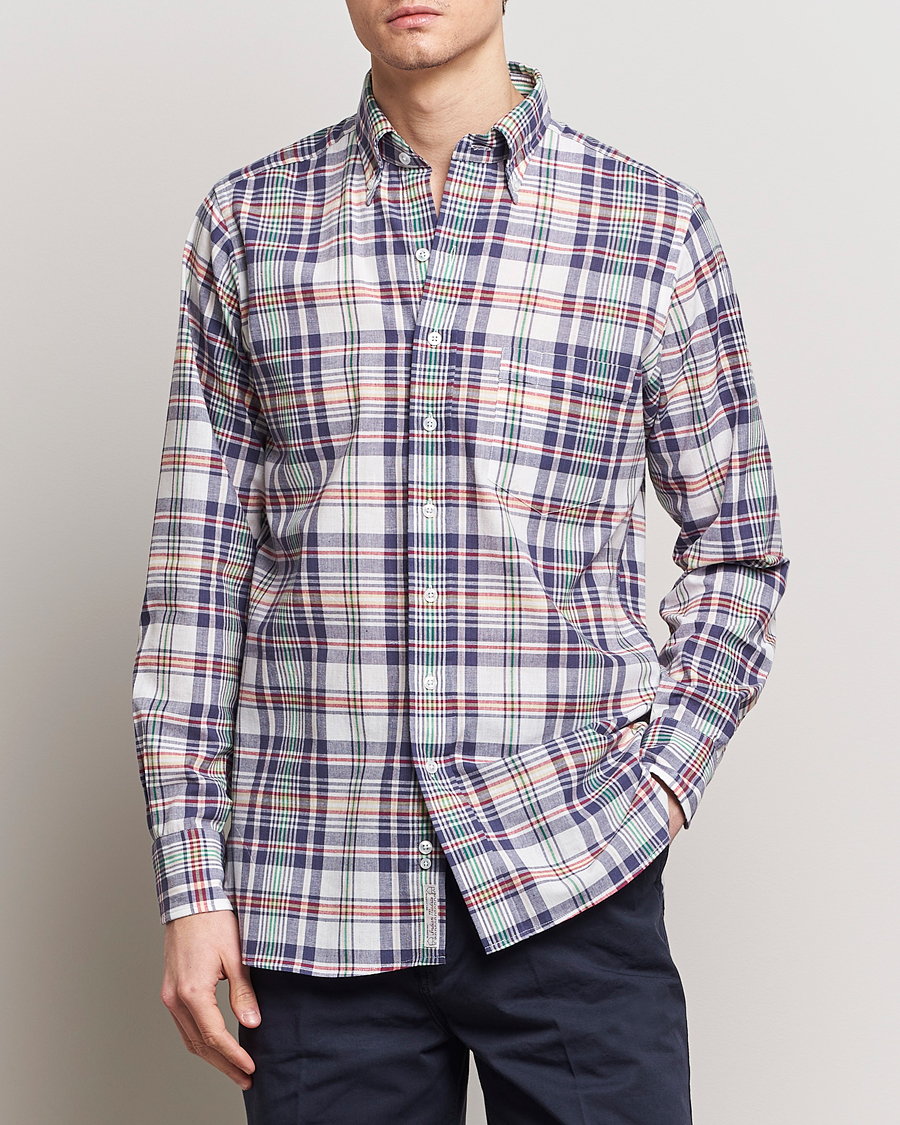 Herr | Preppy Authentic | Drake's | Madras Checked Linen Button Down Shirt Navy