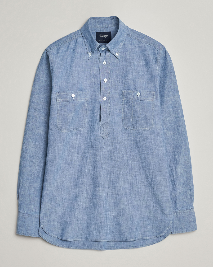 Herr | Skjortor | Drake's | Chambray Popover Work Shirt Blue