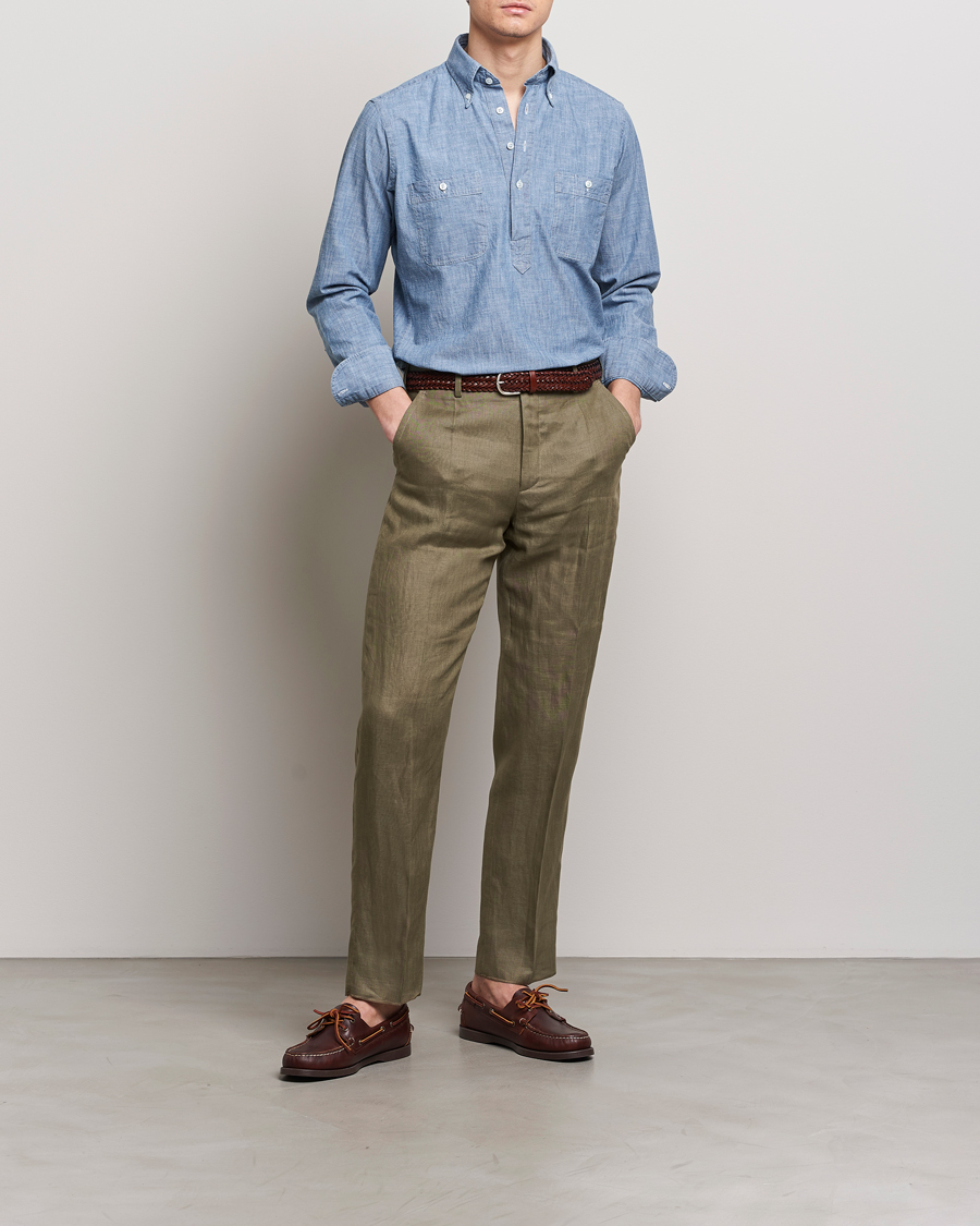 Herr | Skjortor | Drake's | Chambray Popover Work Shirt Blue