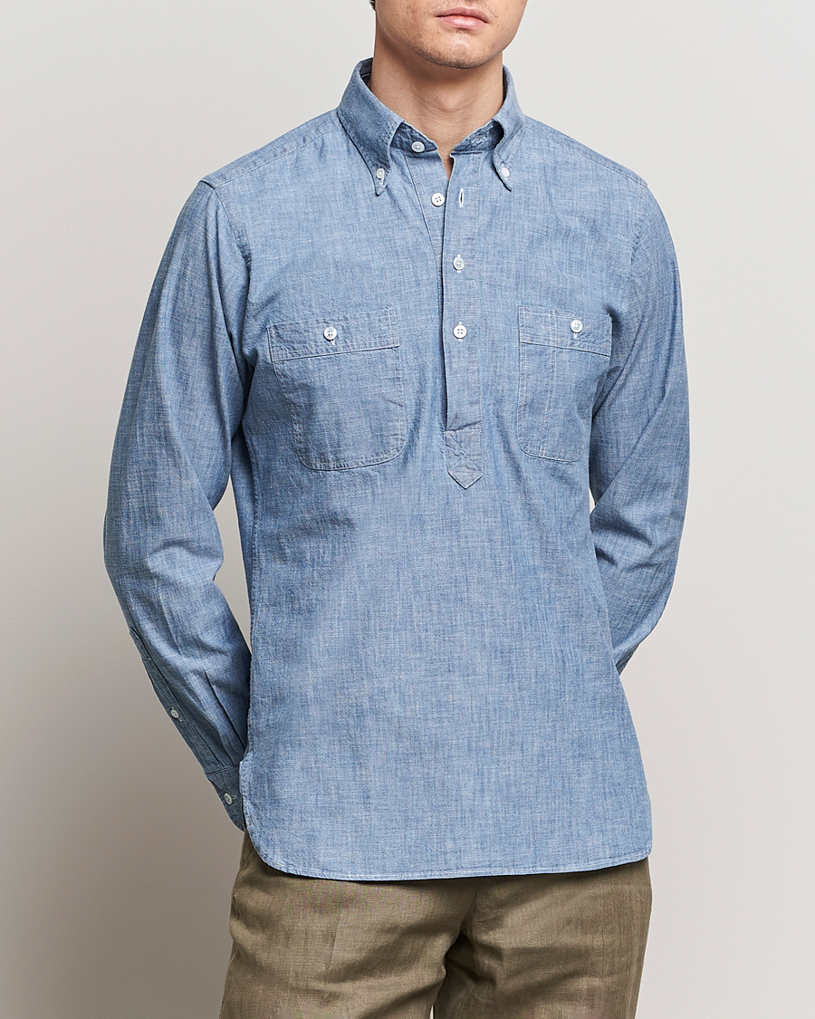 Herr | Best of British | Drake's | Chambray Popover Work Shirt Blue