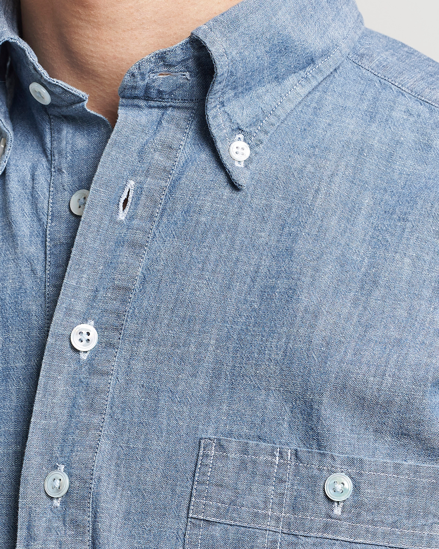 Herr | Skjortor | Drake's | Chambray Popover Work Shirt Blue