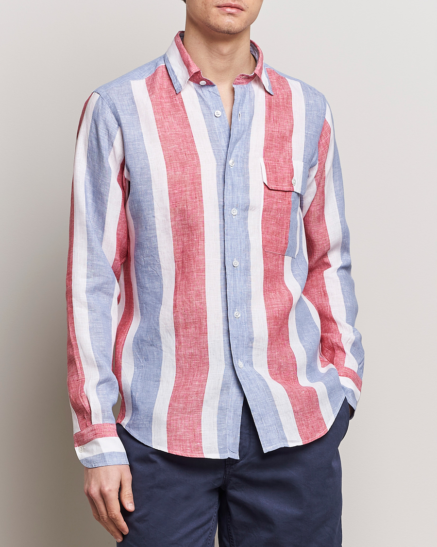 Herr | Casual | Drake's | Thick Stripe Linen Shirt Red/Blue