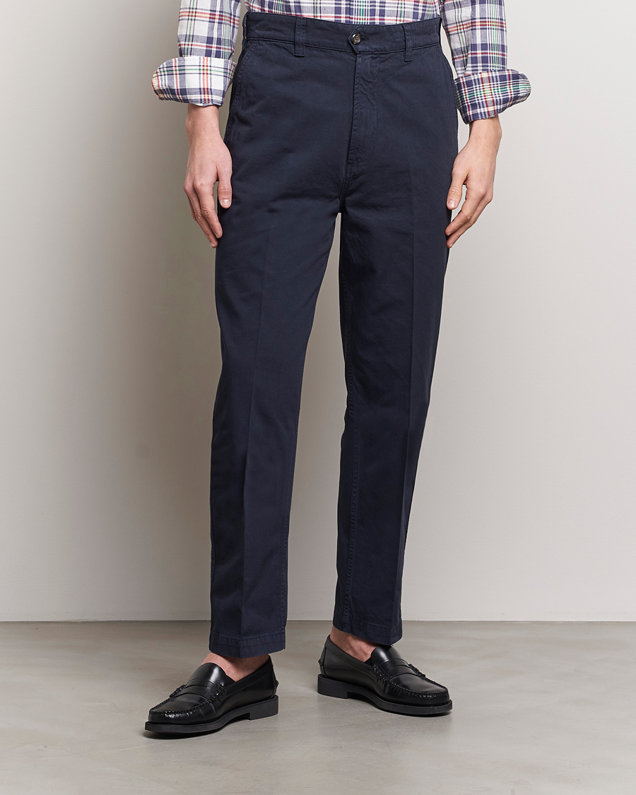 Herr | Byxor | Drake's | Flat Front Cotton Chino Navy