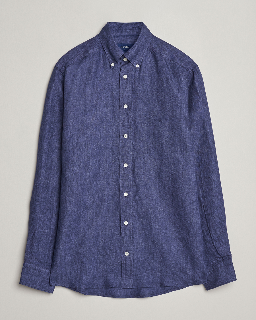 Herr | Skjortor | Eton | Slim Fit Linen Button Down Shirt Navy Blue