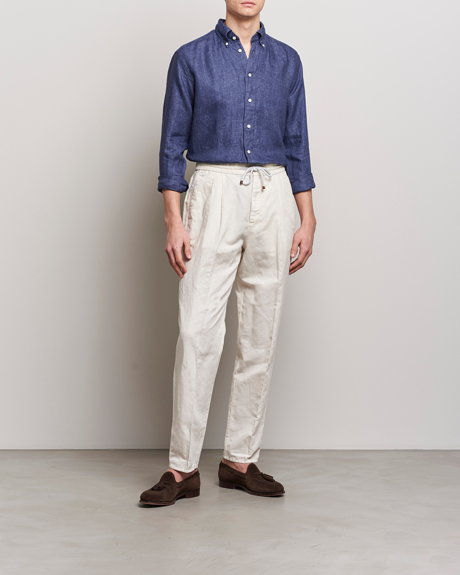 Herr | Skjortor | Eton | Slim Fit Linen Button Down Shirt Navy Blue