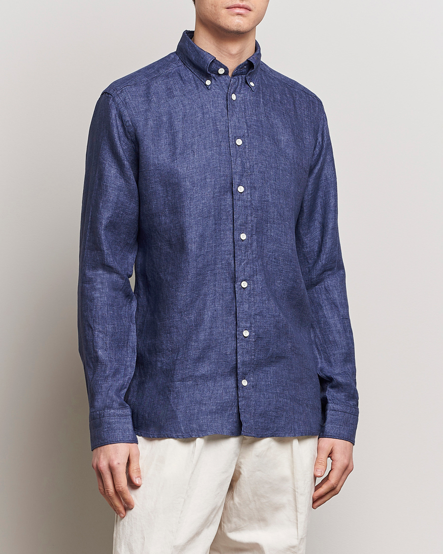 Herr | Business & Beyond | Eton | Slim Fit Linen Button Down Shirt Navy Blue