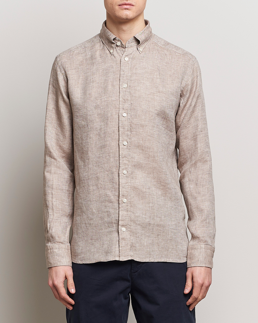 Herr | Casual | Eton | Slim Fit Linen Button Down Shirt Brown