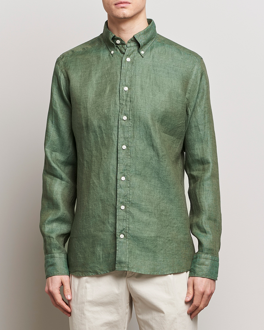 Herr | Casual | Eton | Slim Fit Linen Button Down Shirt Dark Green