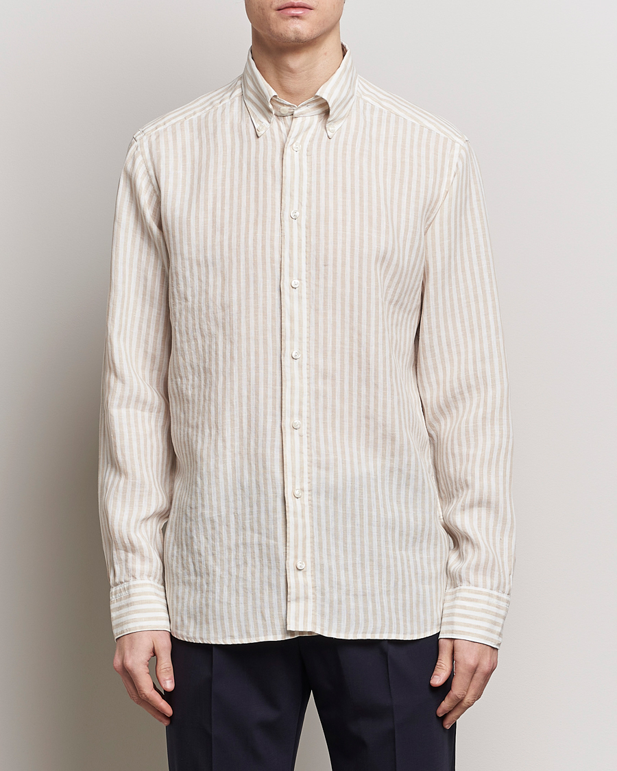 Herr | Casual | Eton | Slim Fit Striped Linen Shirt Beige/White