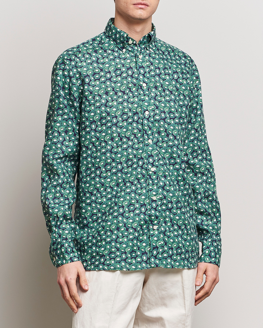 Herre |  | Eton | Contemporary Fit Printed Linen Shirt Green Kiwi