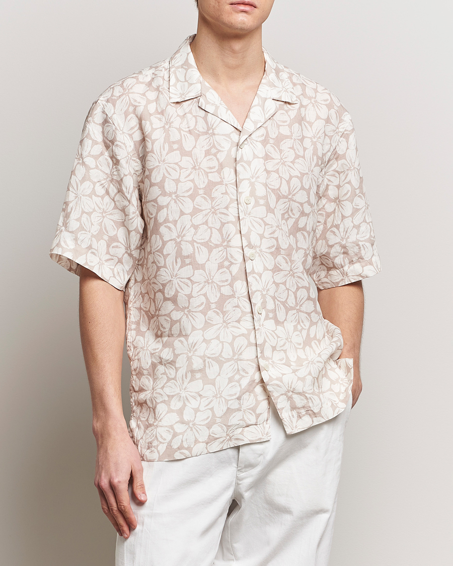 Herr | Casual | Eton | Printed Floral Linen Resort Shirt Beige