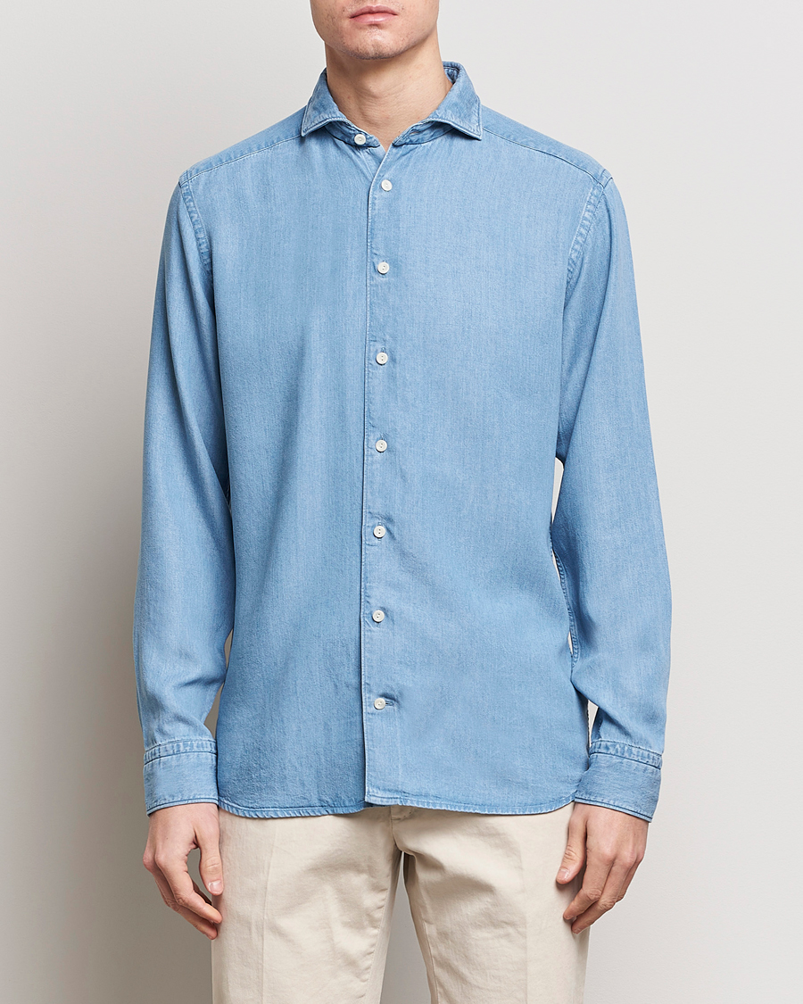 Herr | Business & Beyond | Eton | Slim Fit Denim Tencel Shirt Blue