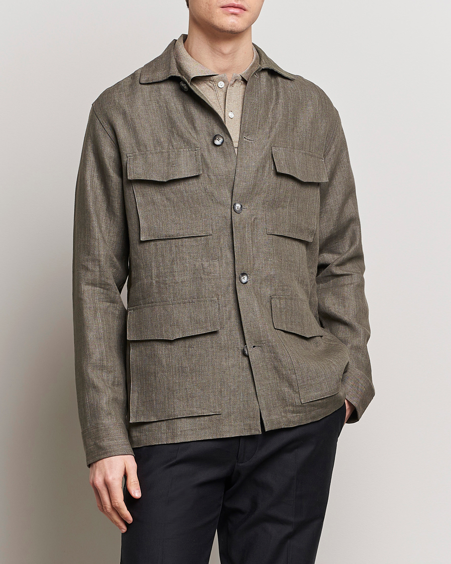 Herr | Field jackets | Eton | Heavy Linen Drawstring Field Jacket Dark Green