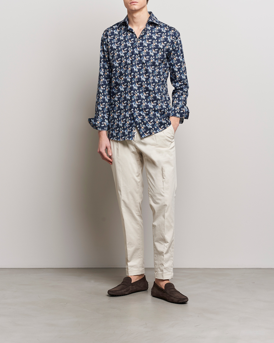 Herr | Formella | Eton | Slim Fit Twill Printed Flower Shirt Navy Blue