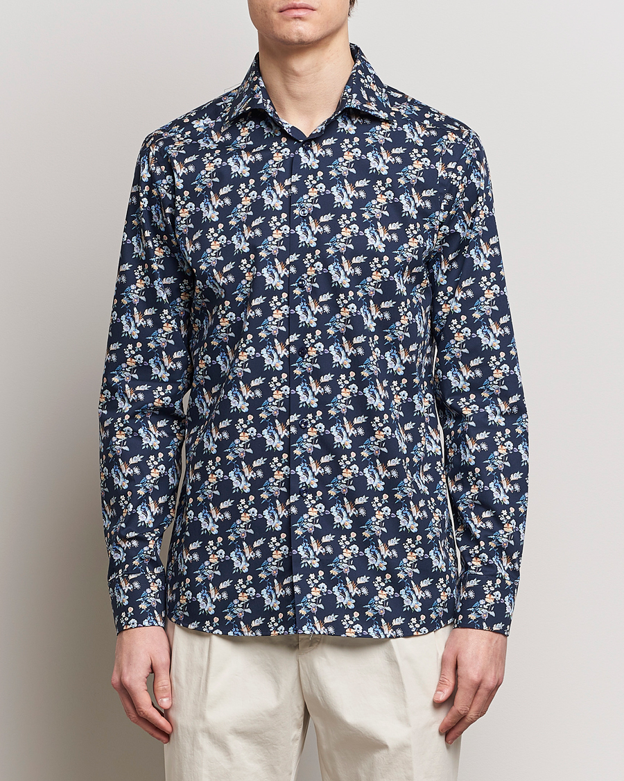 Herr | Formella | Eton | Slim Fit Twill Printed Flower Shirt Navy Blue