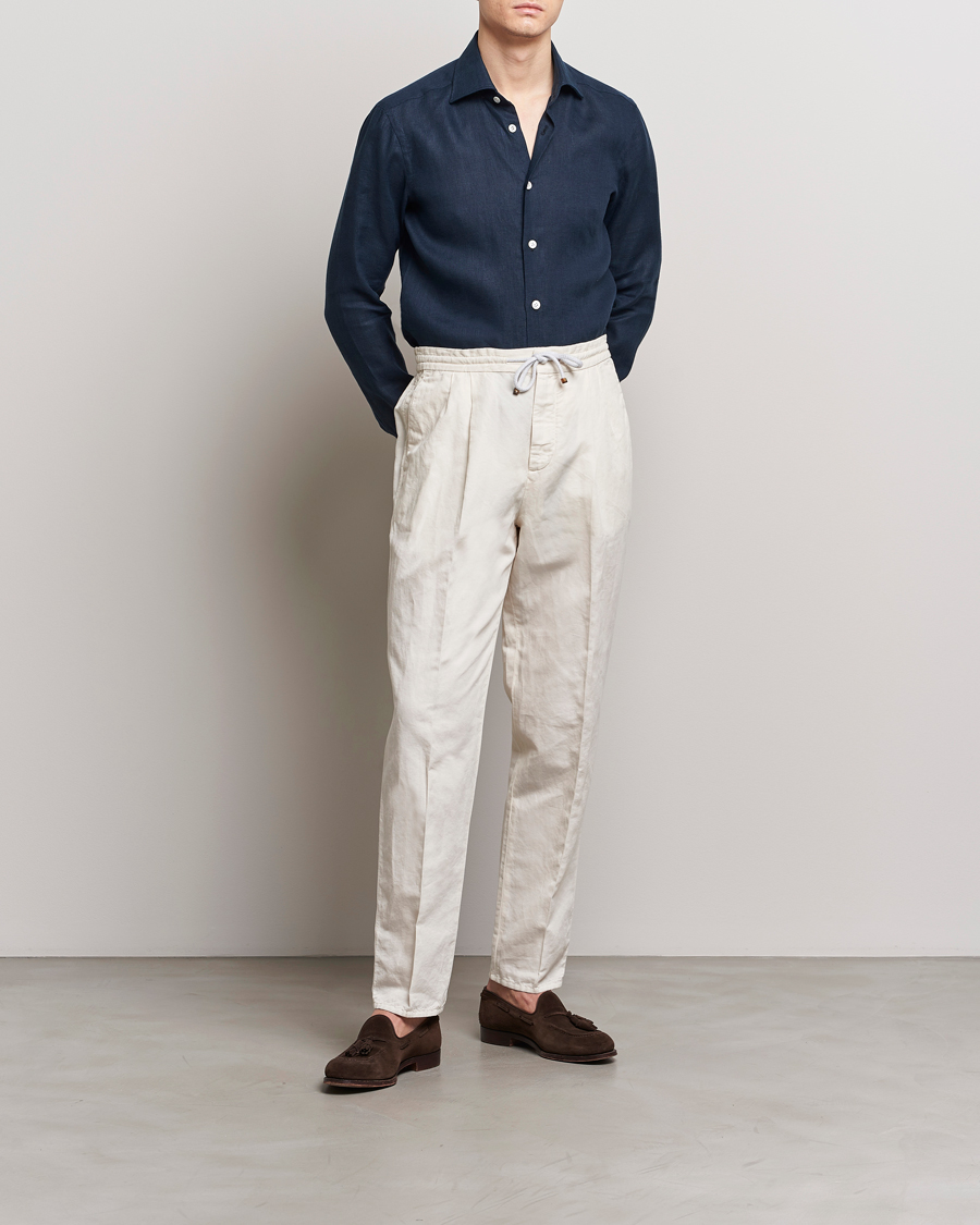 Herr | Skjortor | Kiton | Linen Sport Shirt Navy