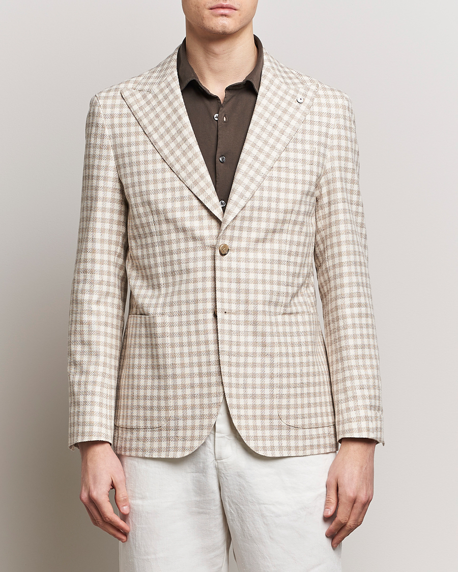 Herr | Bomullskavajer | L.B.M. 1911 | Checked Cotton Peak Lapel Blazer Beige