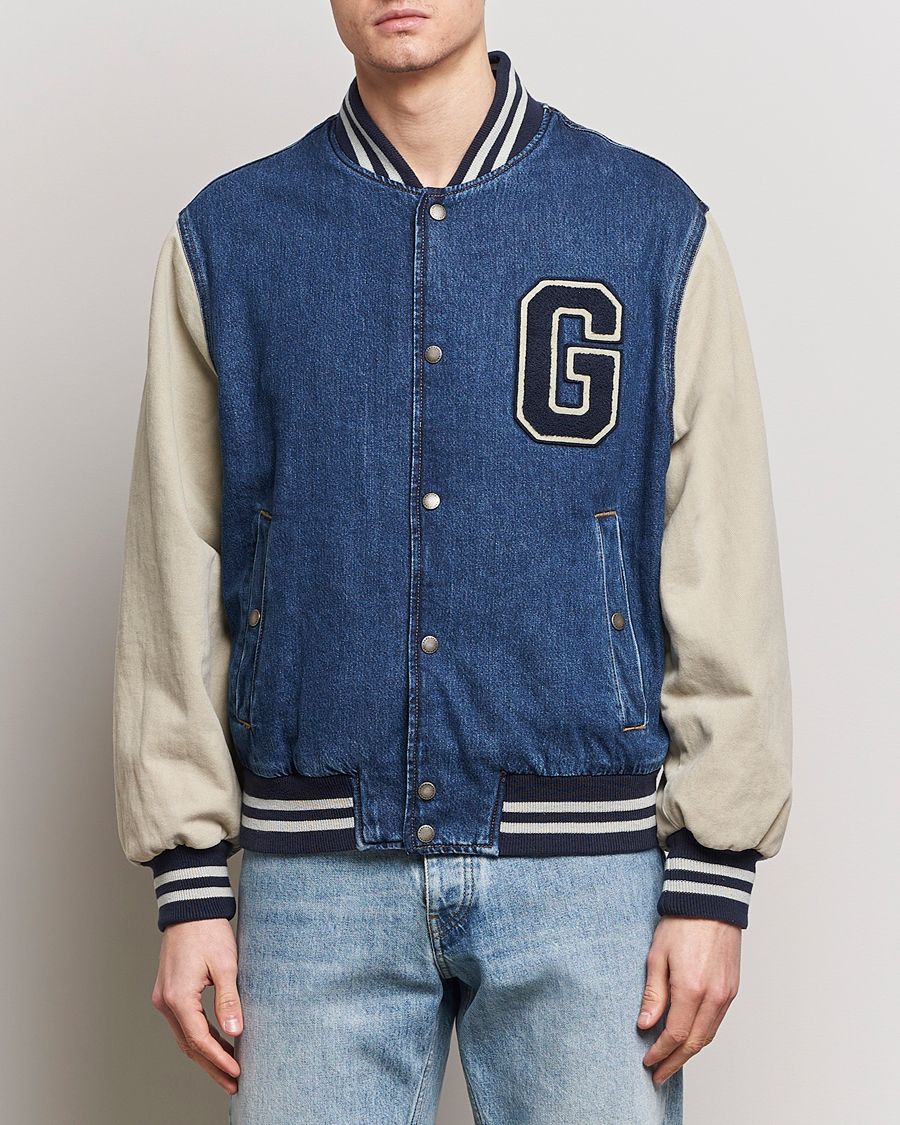 Herr | Jackor | GANT | Denim Varsity Jacket Dark Blue Worn In