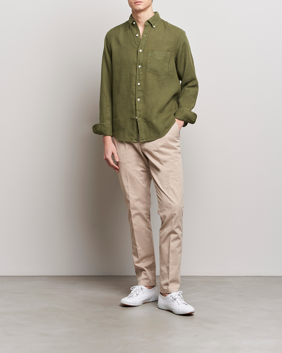 Herr | Skjortor | GANT | Regular Fit Garment Dyed Linen Shirt Juniper Green