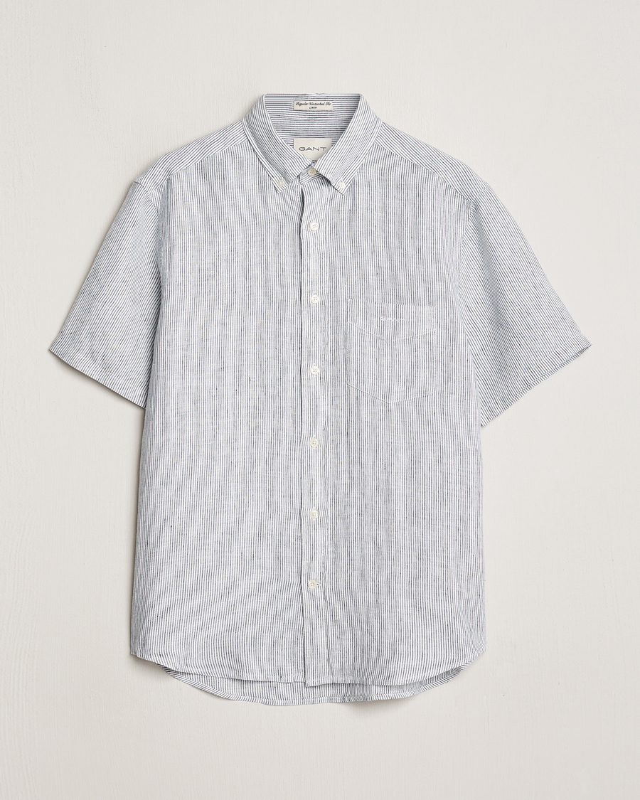 Herr | Skjortor | GANT | Regular Fit Striped Linen Short Sleeve Shirt White/Blue