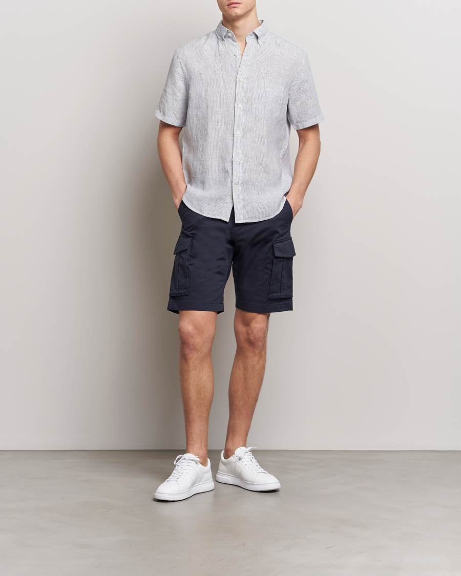 Herr | Skjortor | GANT | Regular Fit Striped Linen Short Sleeve Shirt White/Blue