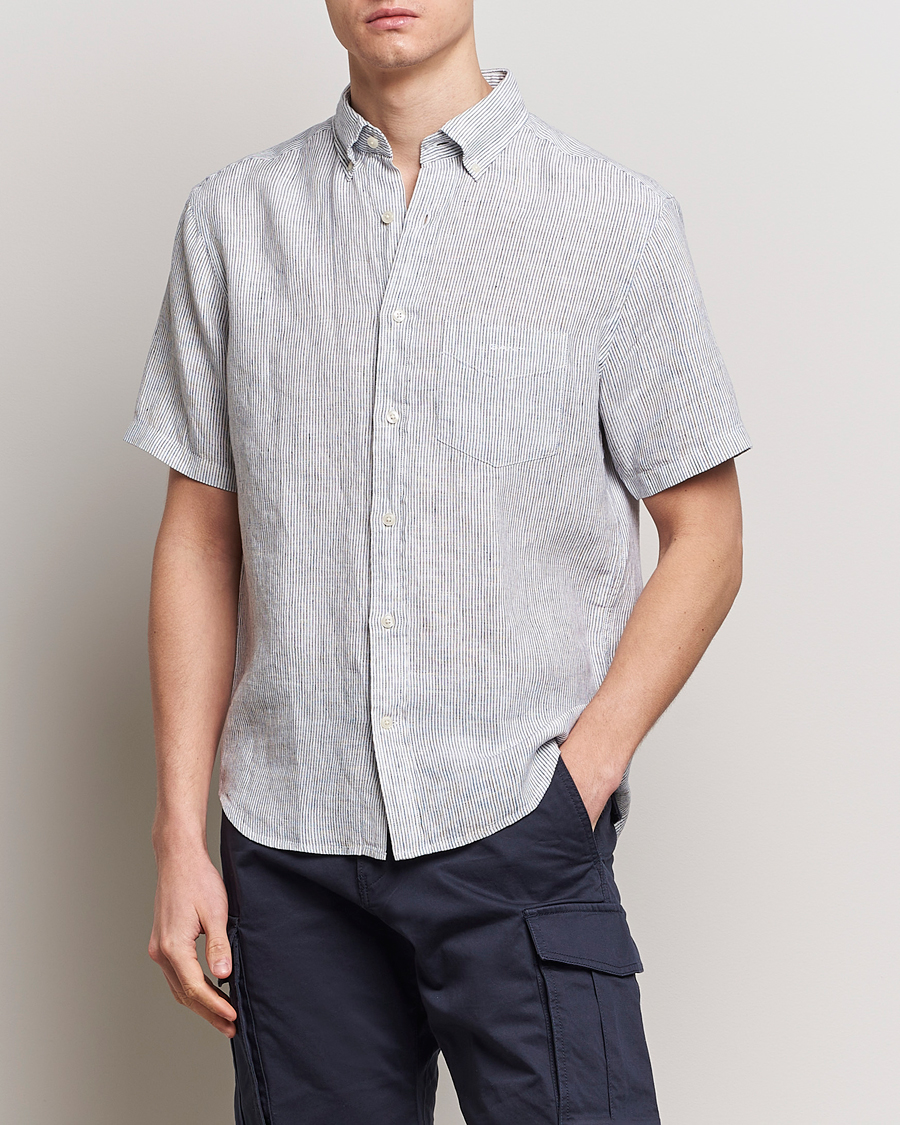 Herr | Skjortor | GANT | Regular Fit Striped Linen Short Sleeve Shirt White/Blue