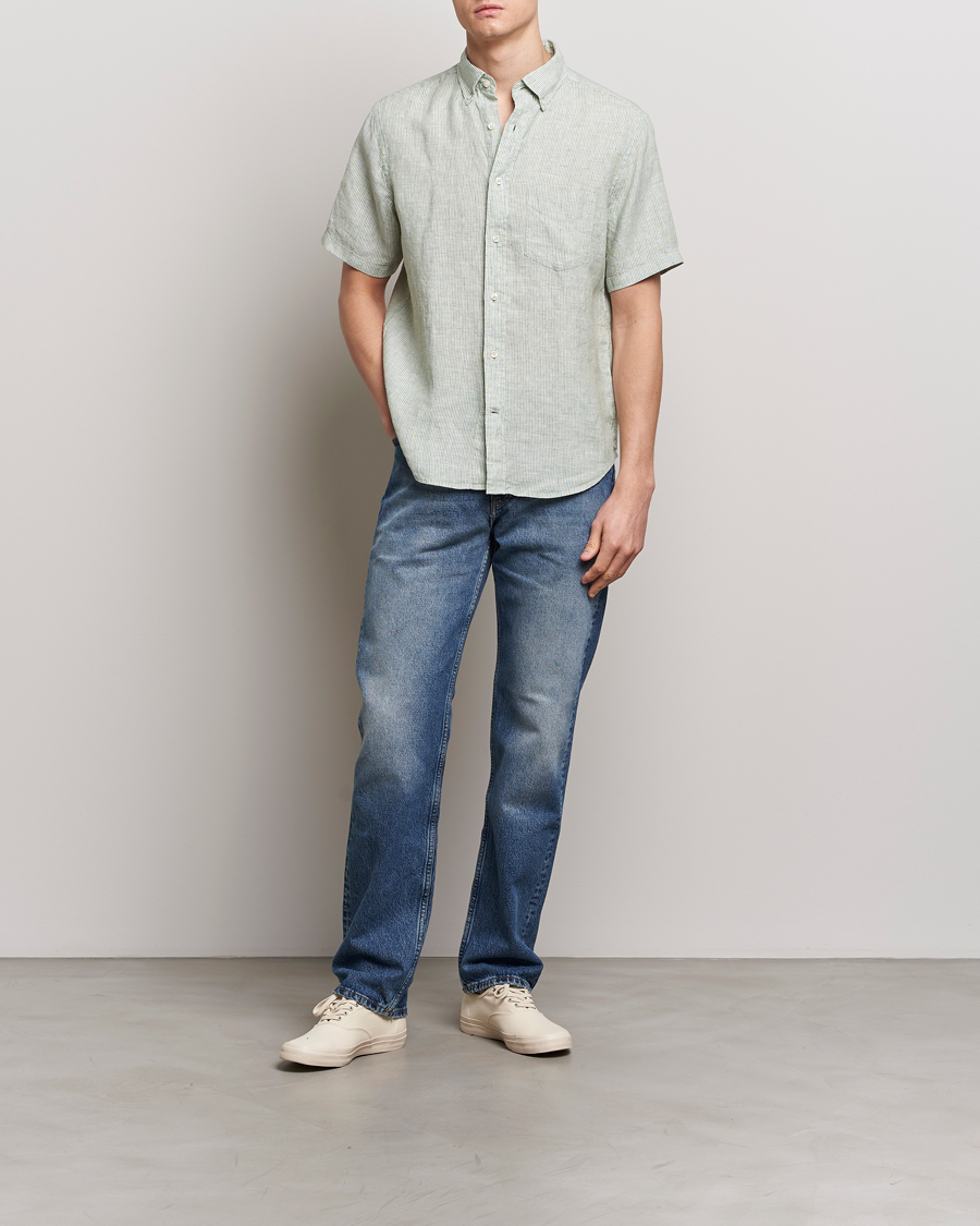Herr | Skjortor | Gant | Regular Fit Striped Linen Short Sleeve Shirt Green/White