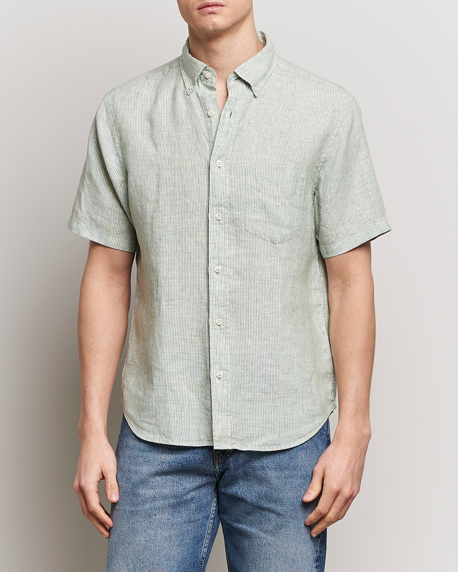 Herr | GANT | GANT | Regular Fit Striped Linen Short Sleeve Shirt Green/White