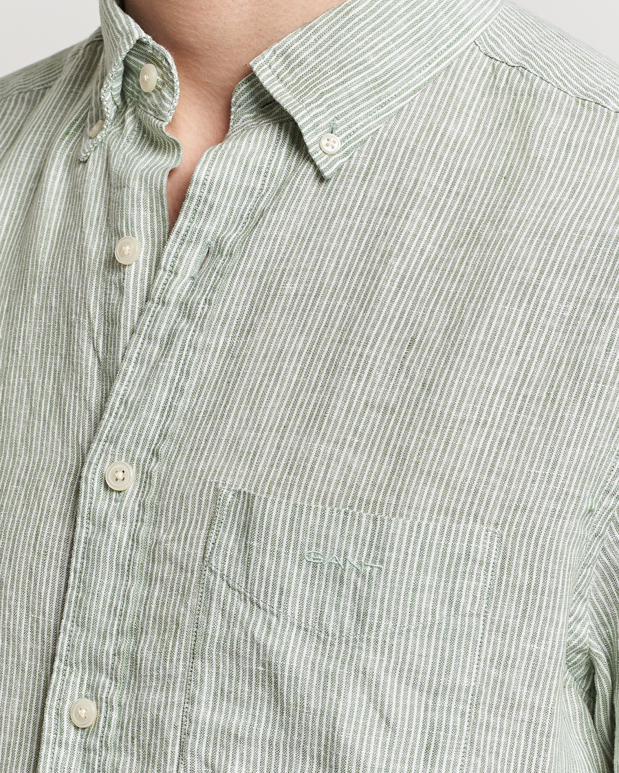 Herr | Skjortor | Gant | Regular Fit Striped Linen Short Sleeve Shirt Green/White