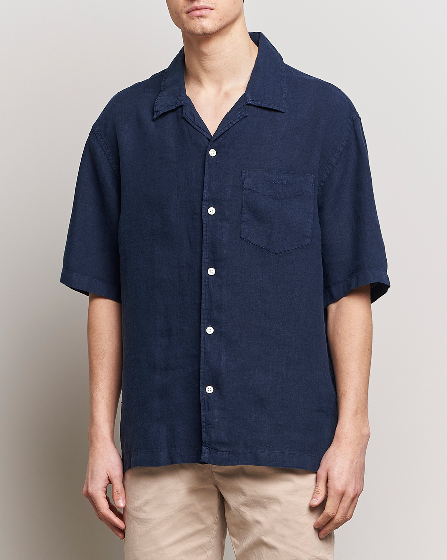 Herr | Preppy Authentic | GANT | Relaxed Fit Linen Resort Short Sleeve Shirt Marine