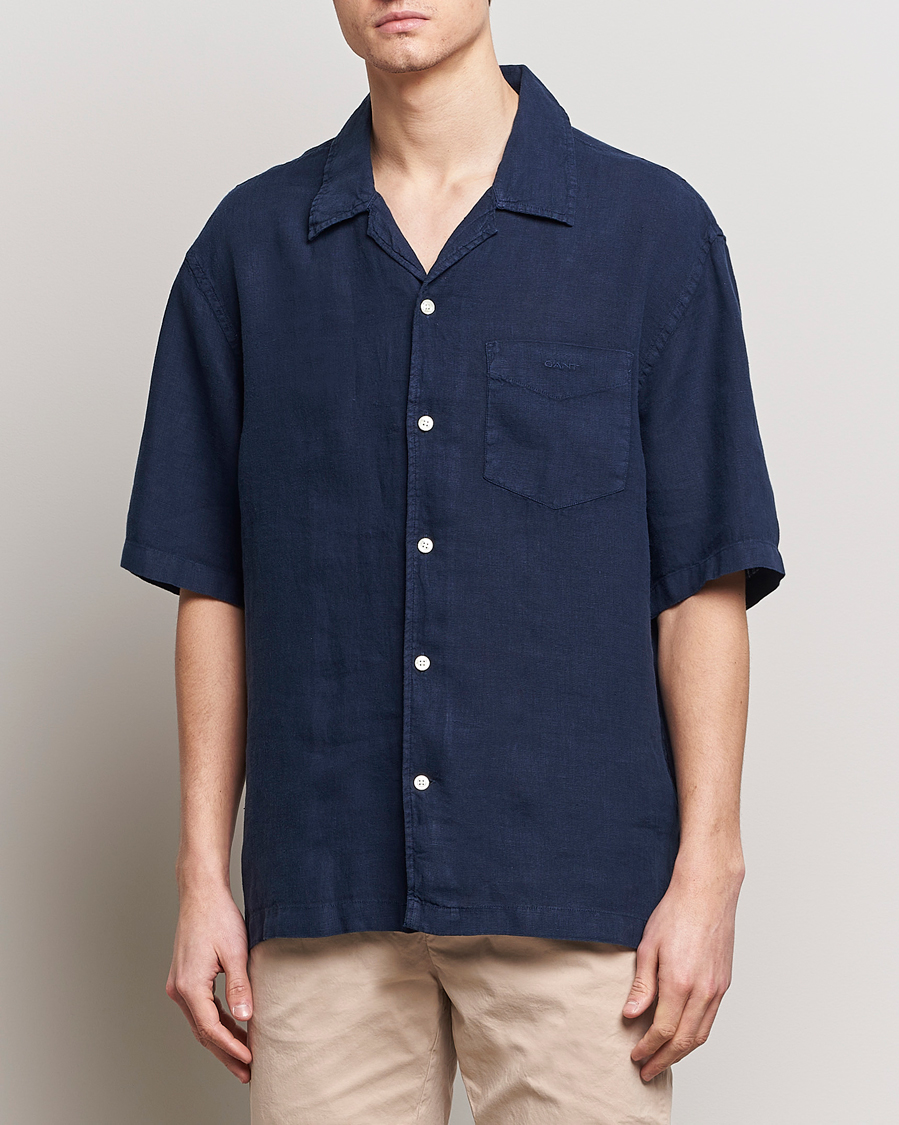 Herr | Avdelningar | GANT | Relaxed Fit Linen Resort Short Sleeve Shirt Marine