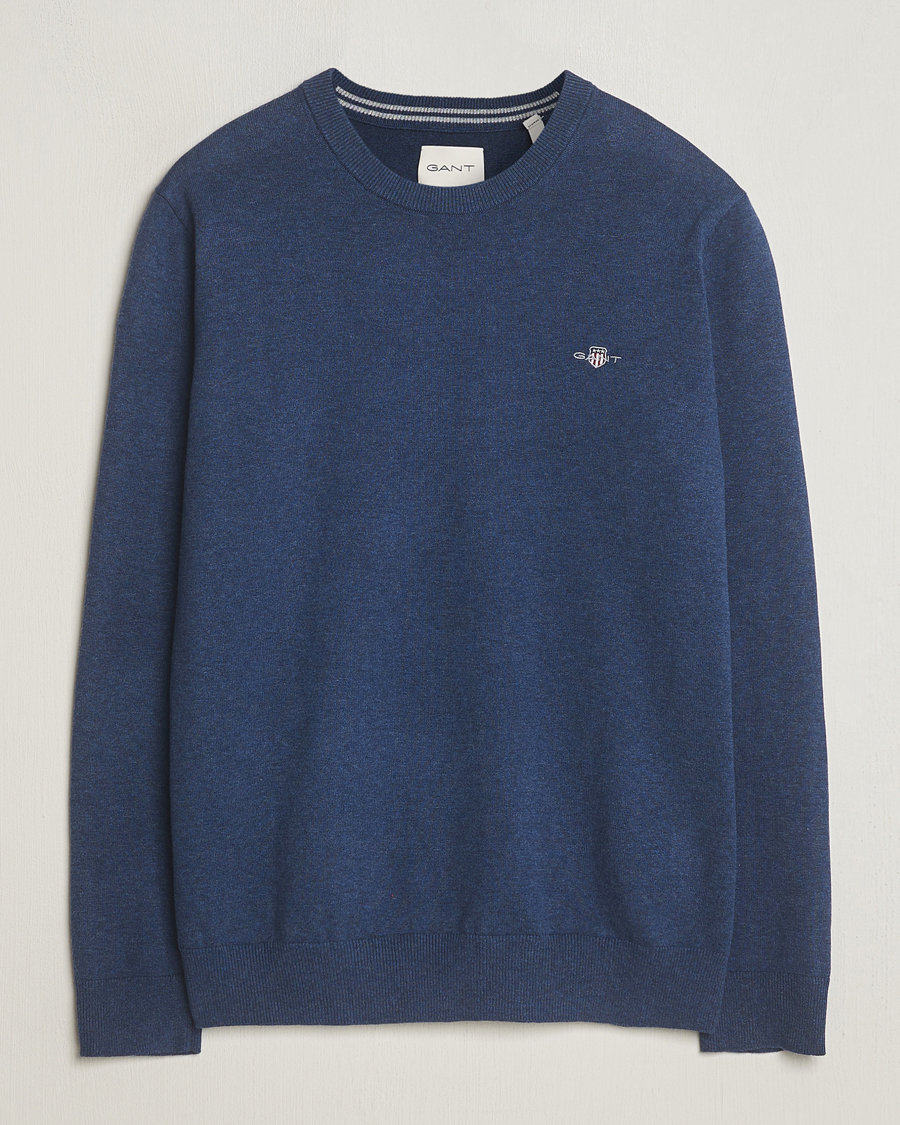 Herr | Tröjor | GANT | Classic Cotton Crew Neck Dark Jeans Blue Melange