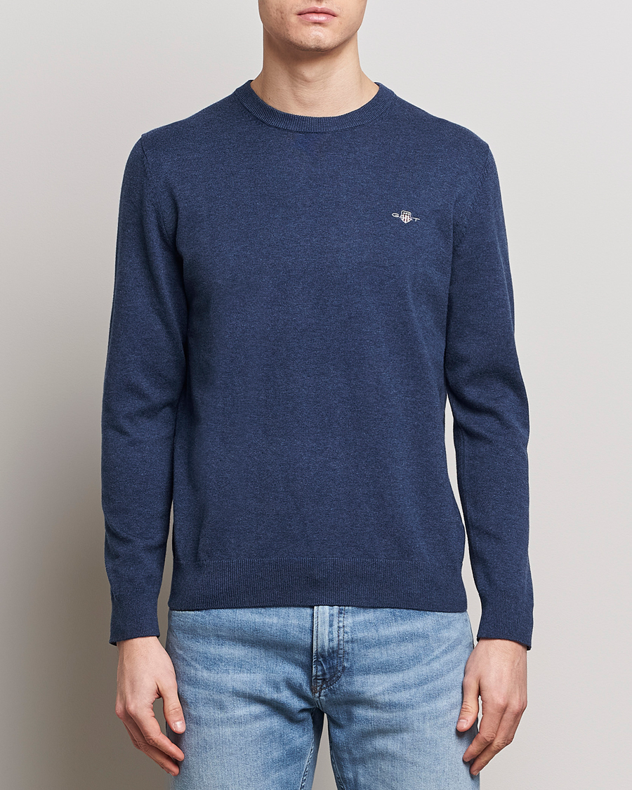 Herr | GANT | GANT | Classic Cotton Crew Neck Dark Jeans Blue Melange