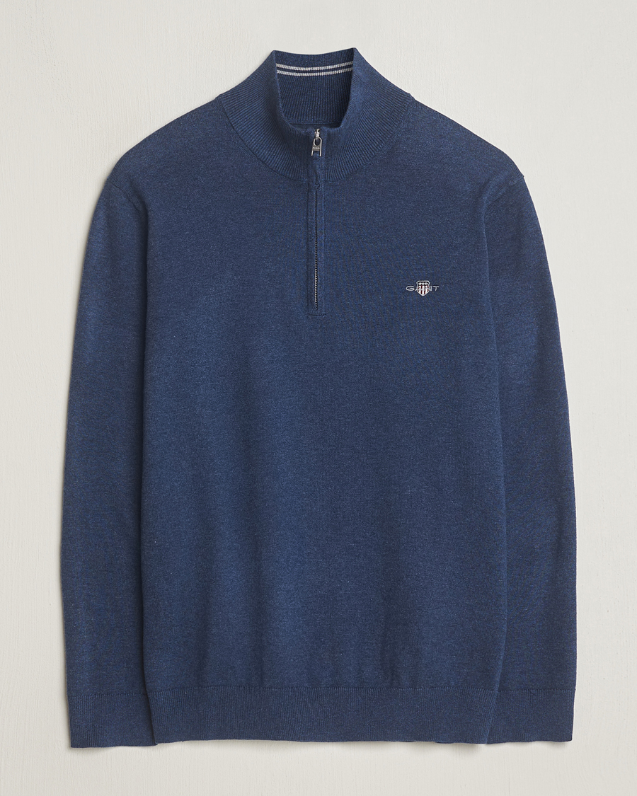Herr | Tröjor | GANT | Classic Cotton Half Zip Dark Jeans Blue Melange