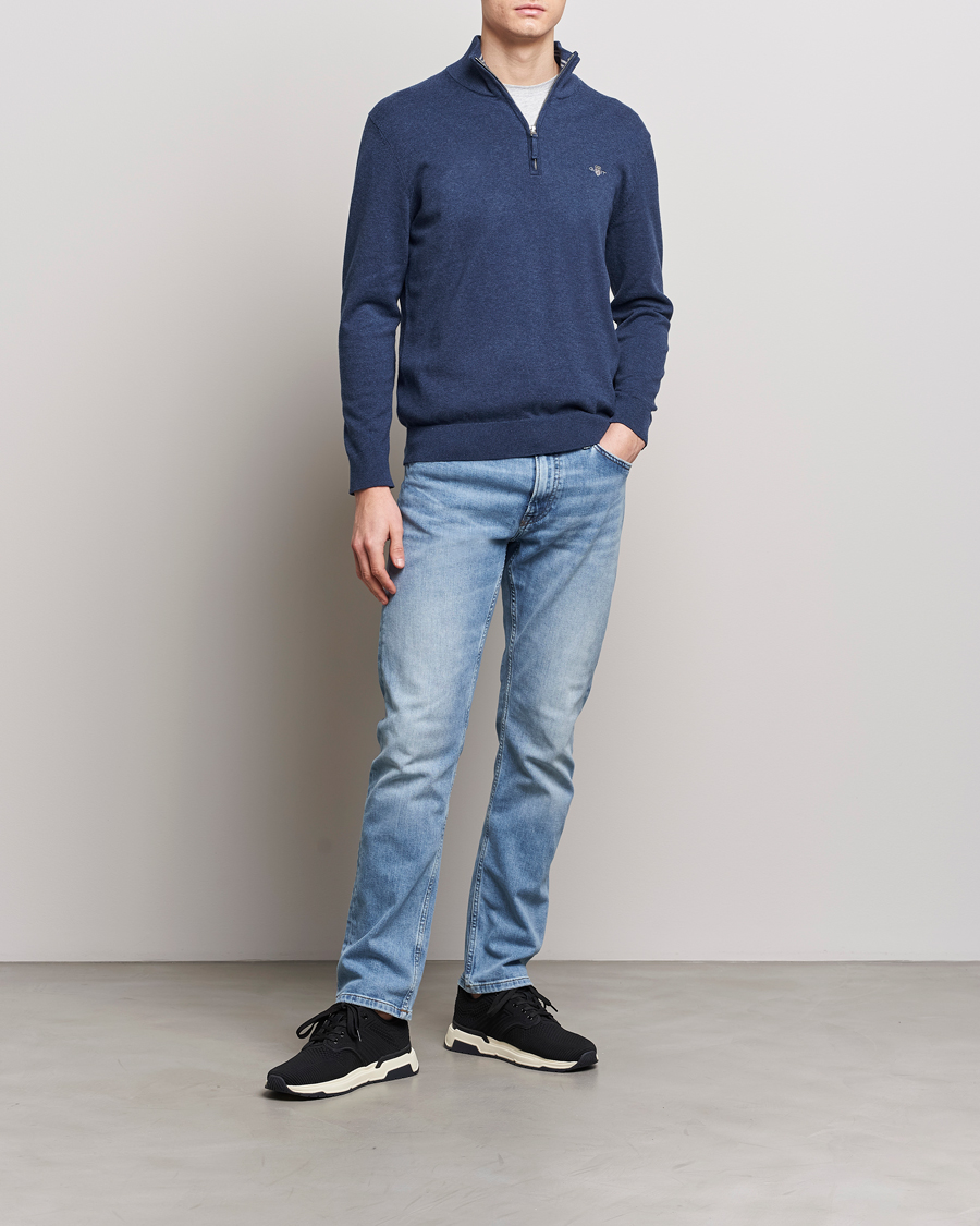 Herr | Tröjor | GANT | Classic Cotton Half Zip Dark Jeans Blue Melange