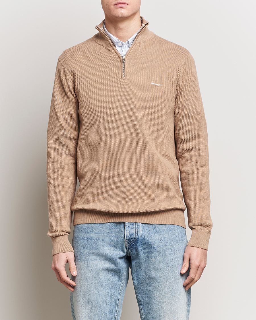 Herr | Tröjor | GANT | Cotton Pique Half-Zip Sweater Dark Khaki