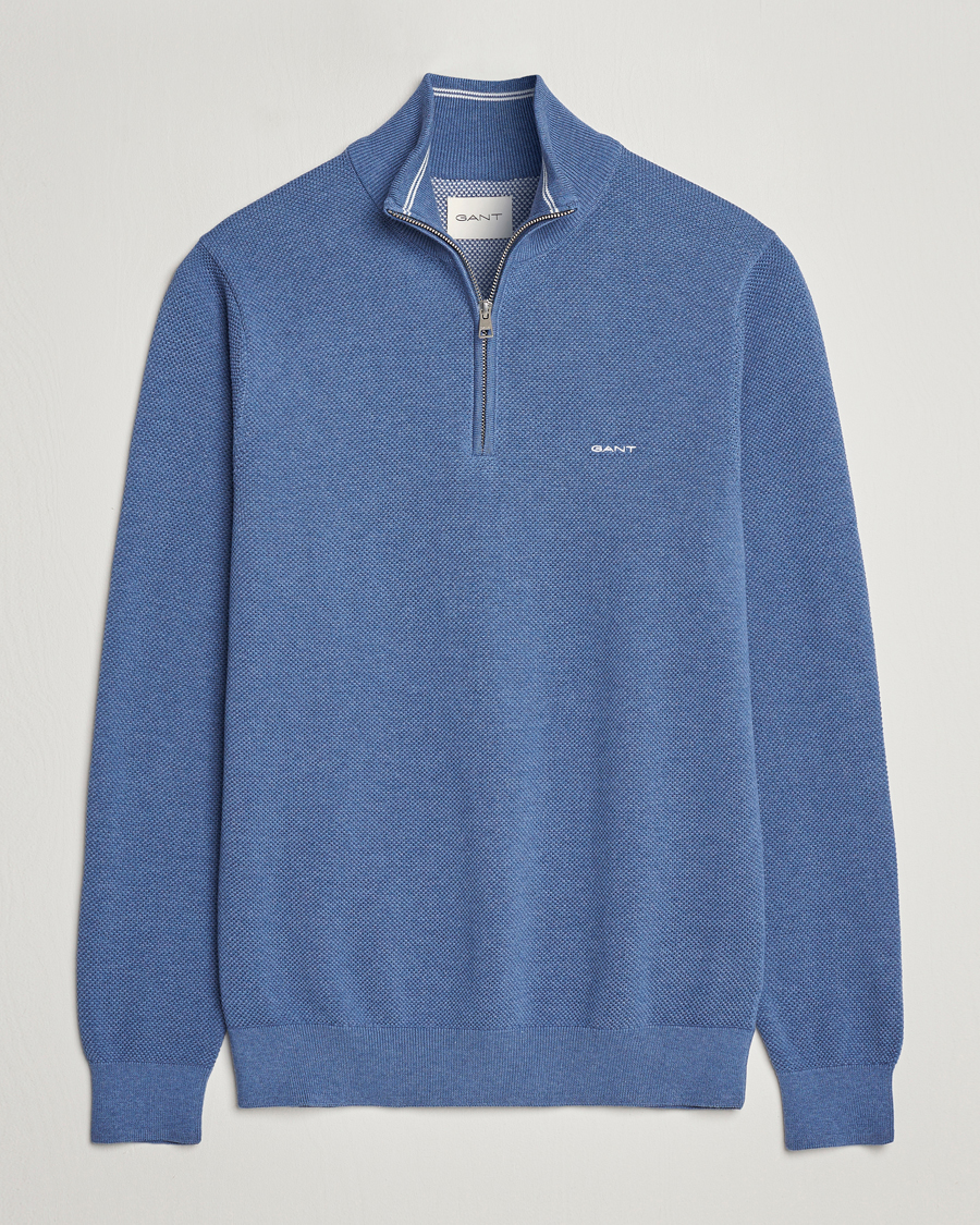 Herr | Tröjor | GANT | Cotton Pique Half-Zip Sweater Denim Blue Melange