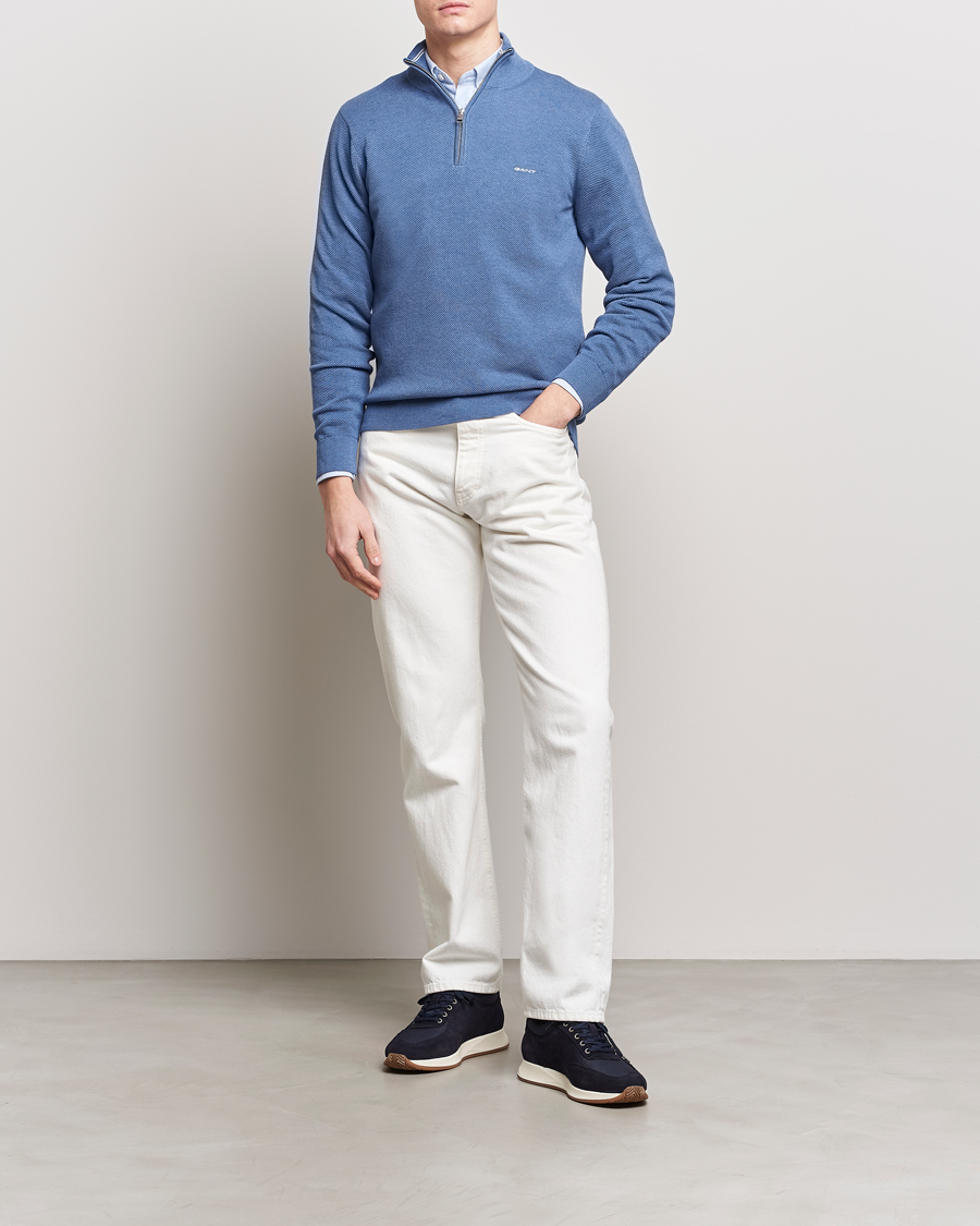 Herr | Tröjor | GANT | Cotton Pique Half-Zip Sweater Denim Blue Melange