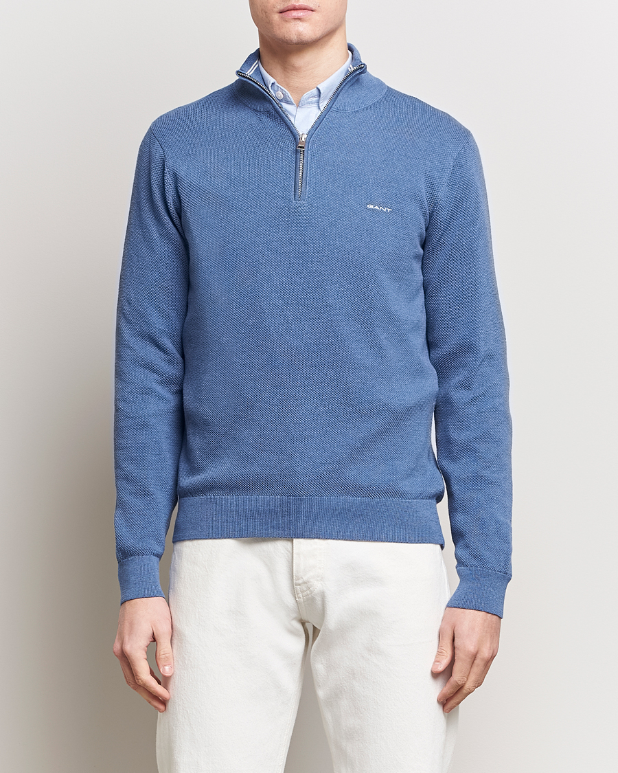 Herre |  | GANT | Cotton Pique Half-Zip Sweater Denim Blue Melange