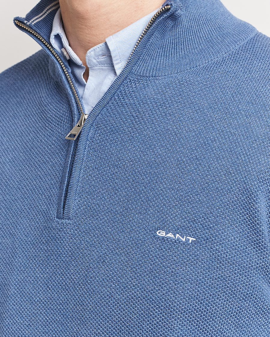 Herr | Tröjor | GANT | Cotton Pique Half-Zip Sweater Denim Blue Melange