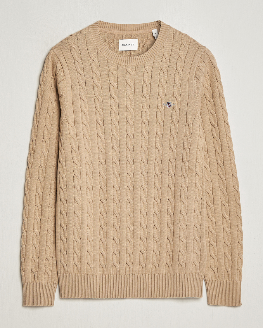 Herr | Tröjor | GANT | Cotton Cable Crew Neck Pullover Dark Khaki