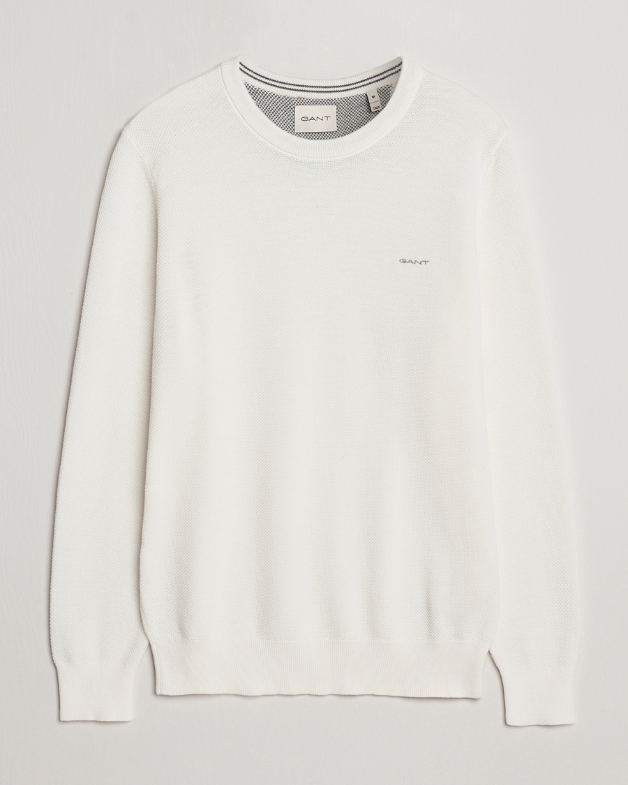 Herr | Tröjor | GANT | Cotton Pique Crew Neck Sweater Eggshell