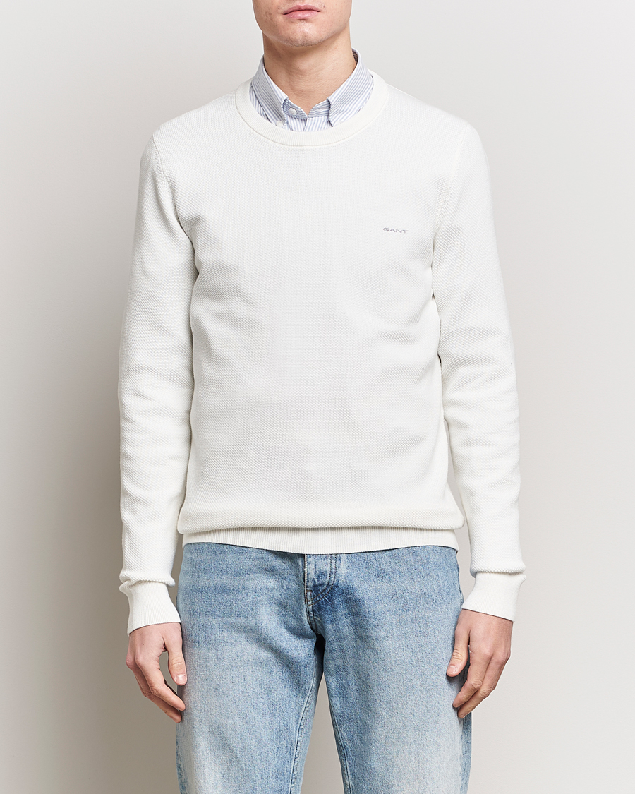 Herr | 20% rea | GANT | Cotton Pique Crew Neck Sweater Eggshell