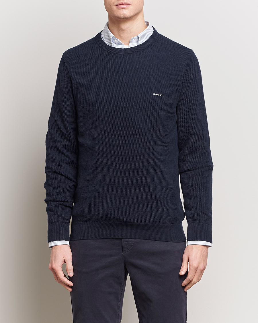 Herr | Tröjor | GANT | Cotton Pique Crew Neck Sweater Evening Blue