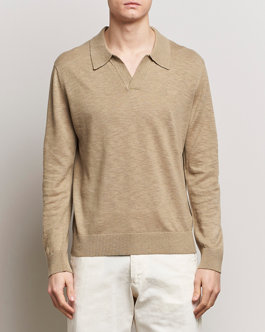 Herr | Stickade pikéer | GANT | Cotton/Linen Knitted Polo Dried Clay