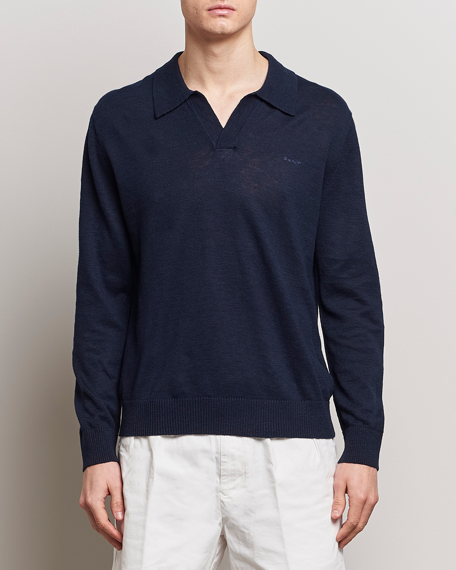 Herr | Stickade pikéer | GANT | Cotton/Linen Knitted Polo Evening Blue